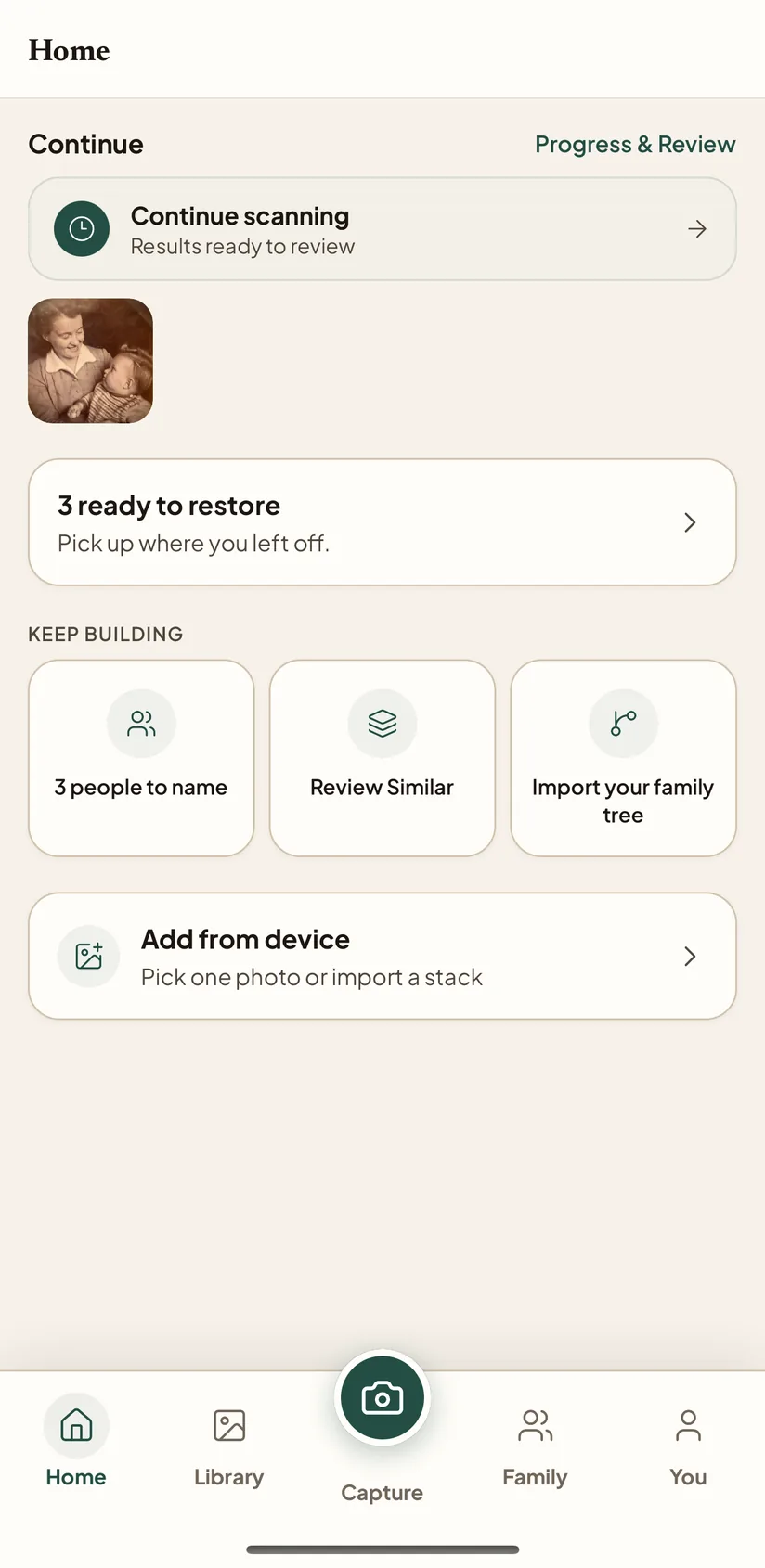 Nostalgia mobile Home hub: an on-this-day memory, what to continue, and recently restored photos.