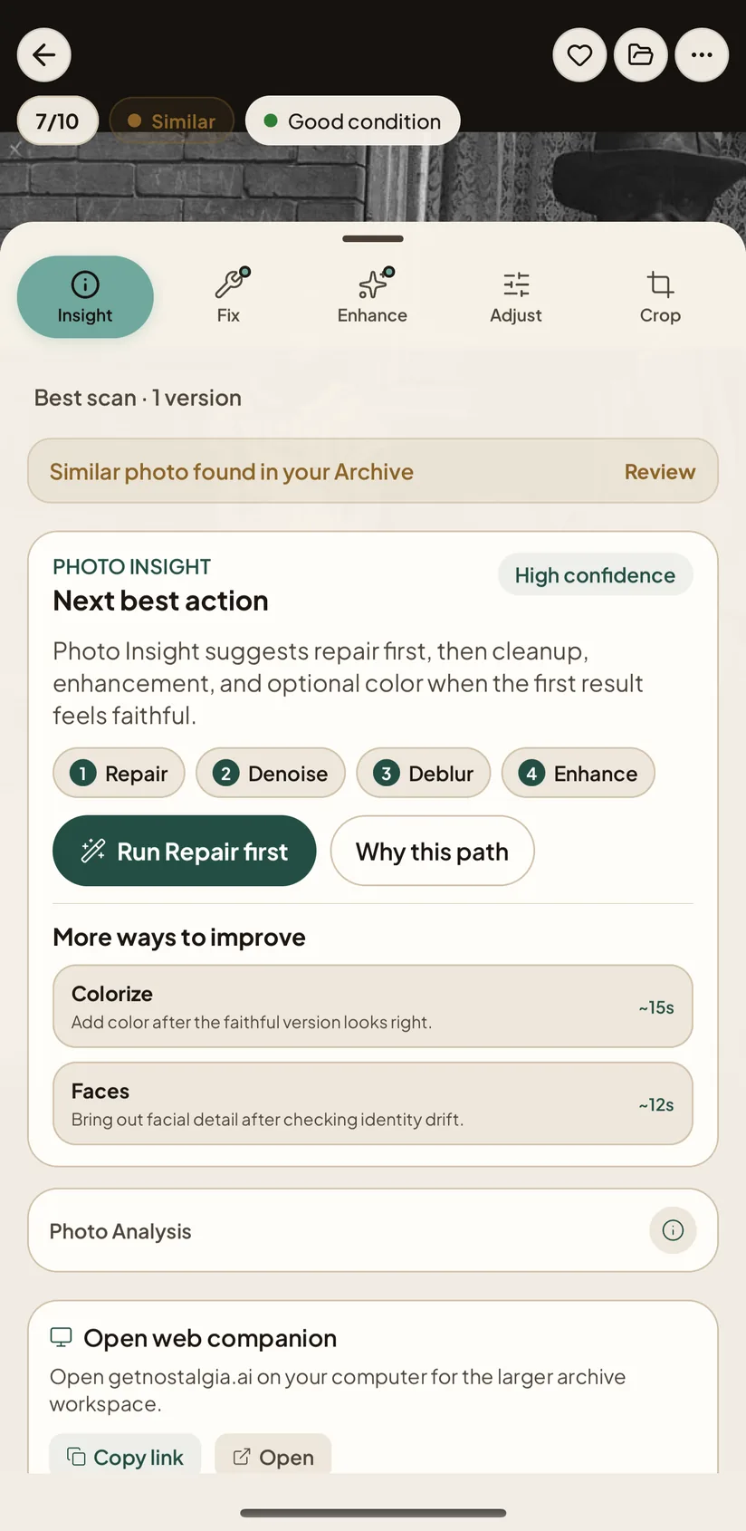 Nostalgia mobile Photo Insight with a recommended next action and a Restore anyway option.
