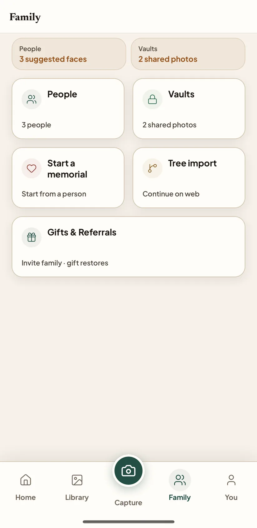 Nostalgia Family hub with People, Vaults, memorials, and gifts.