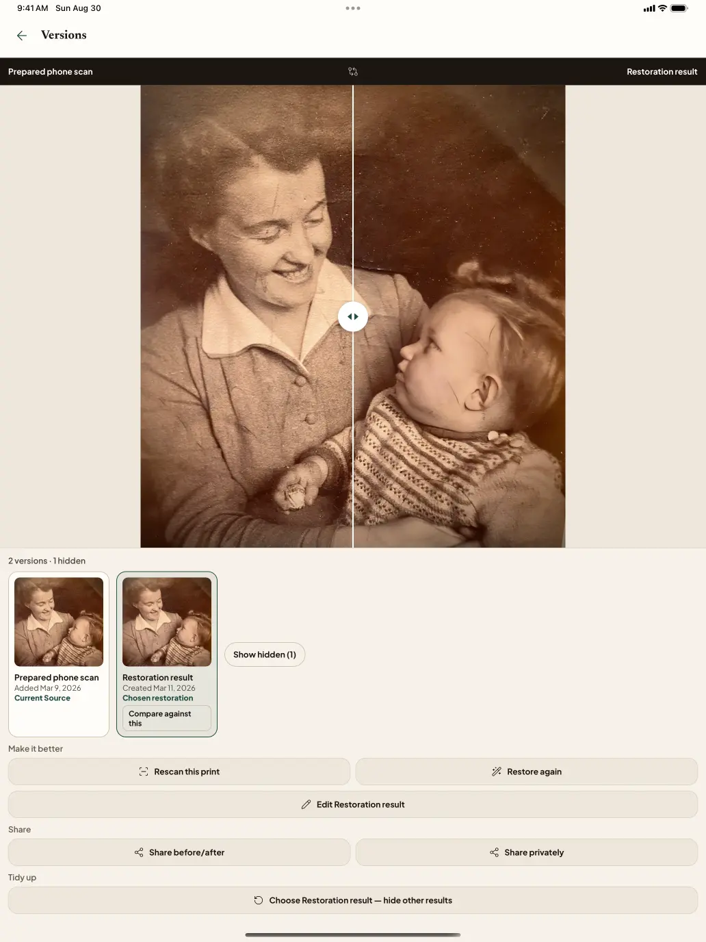The Nostalgia app on iPad, with the accepted Source beside a restoration result.