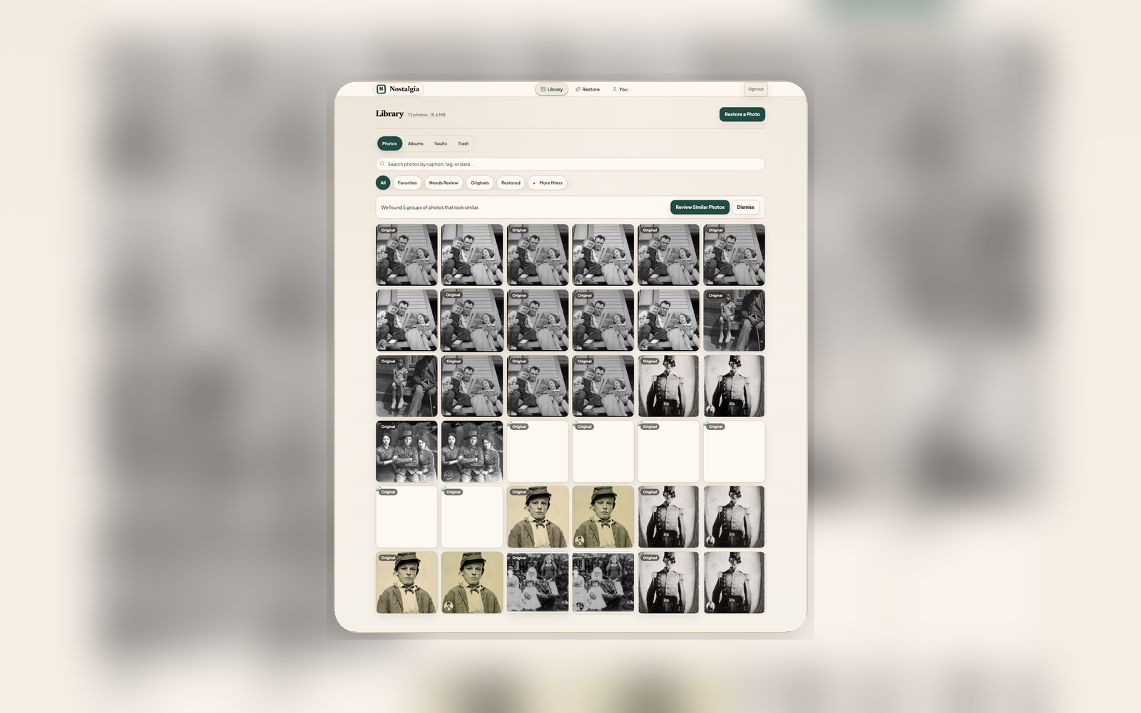 Live Library view showing search, filters, and saved restored photos