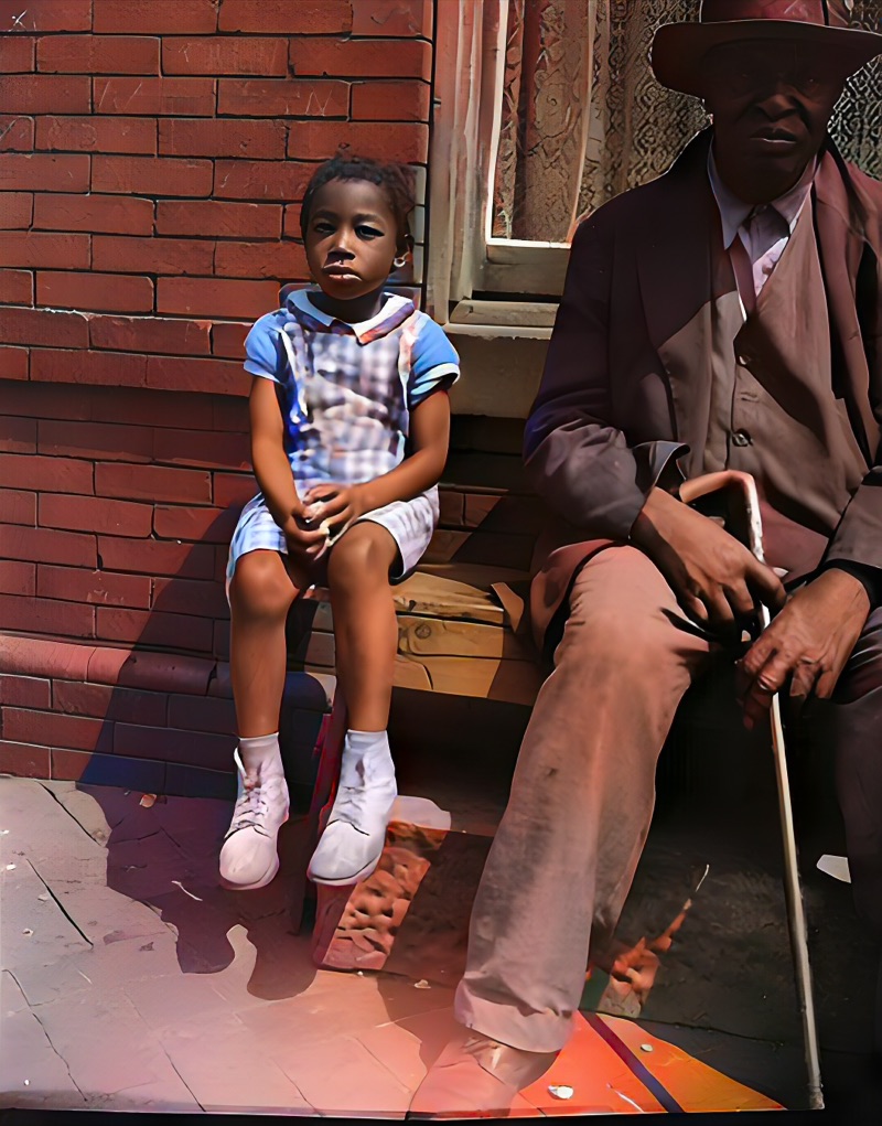 Same photo restored and colorized with rich natural color