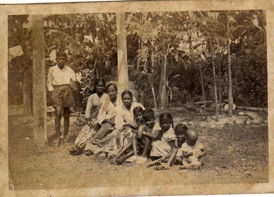 Heavily yellowed sepia photograph of a family group seated outdoors under banana trees