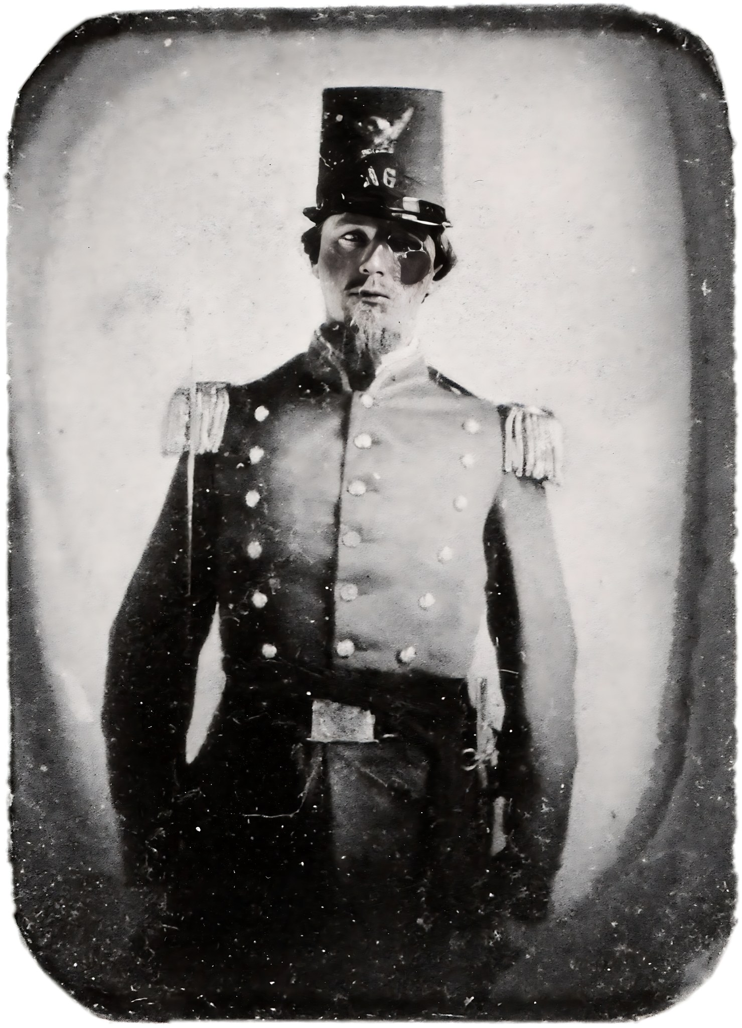 Same militia officer portrait with scratches and surface damage repaired while preserving the original uniform detail
