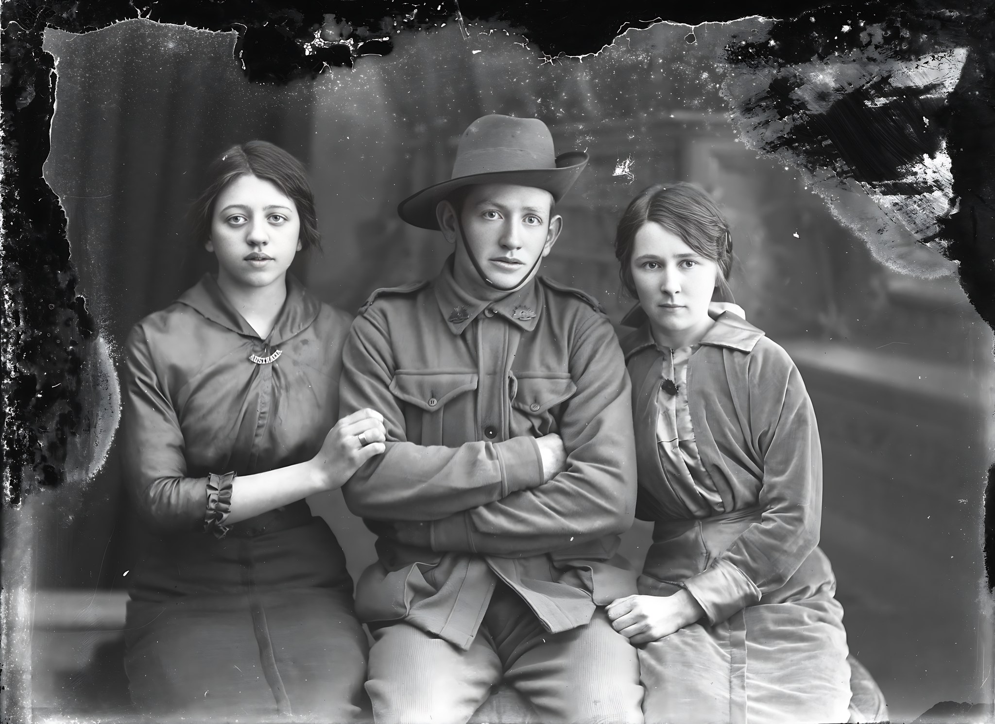 Same family photo with creases, stains, and surface damage repaired while keeping the original composition and faces intact