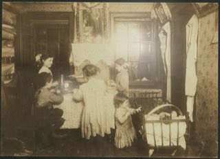 Old photo scanned under window glare with washed-out bright patches